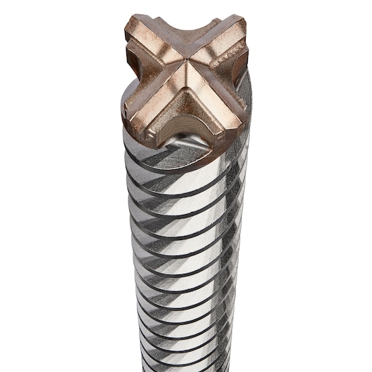 Close-up of a DEWALT DT60835 masonry drill bit tip with a cross-shaped carbide head and spiral fluting.