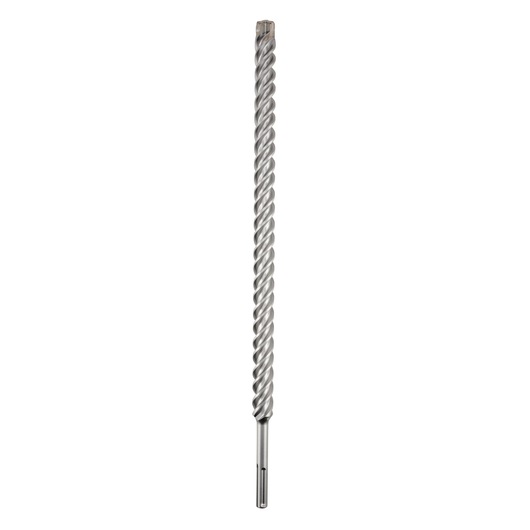 A long, silver, spiral masonry drill bit used for drilling into concrete or stone, shown on a white background.