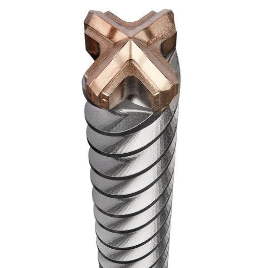 Close-up view of a DEWALT masonry drill bit with a spiral design and a multi-edged cutting tip.
