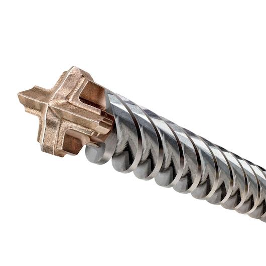 Close-up of a DEWALT DT60844 drill bit with a spiral design and detailed metal tip.