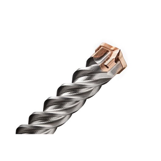 Close-up image of the tip of a DEWALT masonry drill bit, featuring a spiral steel body and a copper-colored cutting head.