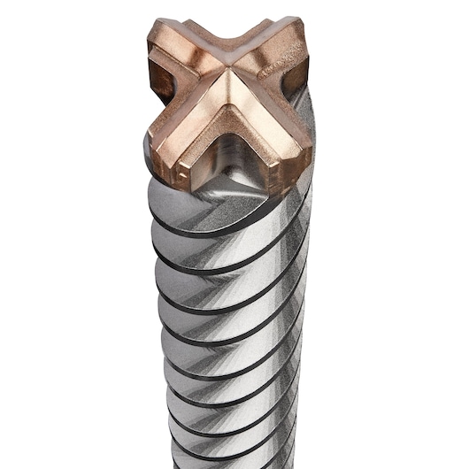 Close-up view of a DEWALT DT60847 masonry drill bit with a cross-shaped carbide tip and spiral cutting grooves.