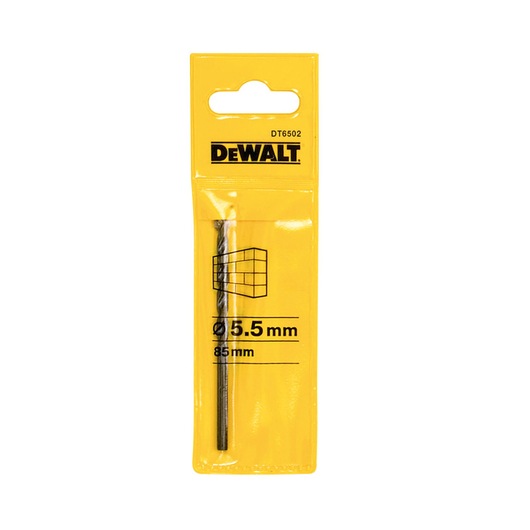 A DEWALT DT6502 masonry drill bit in yellow packaging, showing a 5.5 mm diameter and 85 mm length. The packaging features the DEWALT logo and an illustration of blocks, indicating it is suitable for masonry.