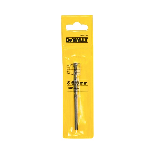 DEWALT DT6503 masonry drill bit in yellow retail packaging, showing the 6.5 mm diameter and 100 mm length specifications.