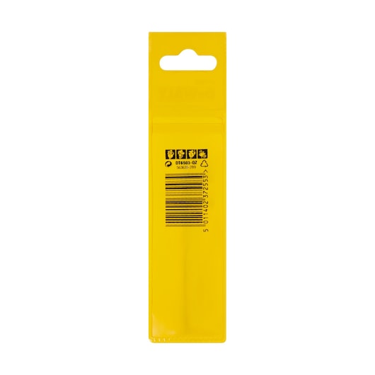 Back view of a yellow DEWALT product package, model DT6503, featuring a hanging slot, safety icons, barcode, and recycling symbol.