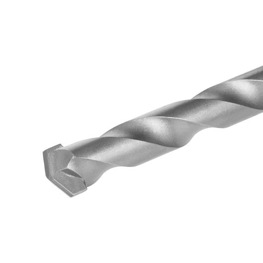 Close-up of a silver DEWALT masonry drill bit with a spiral flute and chisel tip, isolated on a white background.