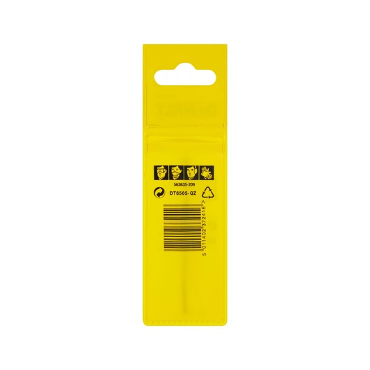 Back view of a DEWALT DT6505 product package in bright yellow, showing safety icons, a barcode, recycling symbol, and the product code DT6505-QZ.