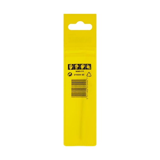 Back view of yellow DEWALT DT6506 packaging with barcode and safety icons.