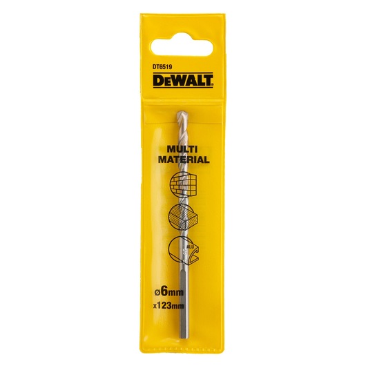 DEWALT DT6519 multi-material drill bit in yellow packaging, 6mm diameter and 123mm length.