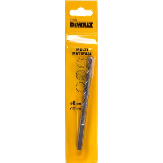 DEWALT DT6522 multi-material drill bit, 8mm x 134mm, in yellow packaging.