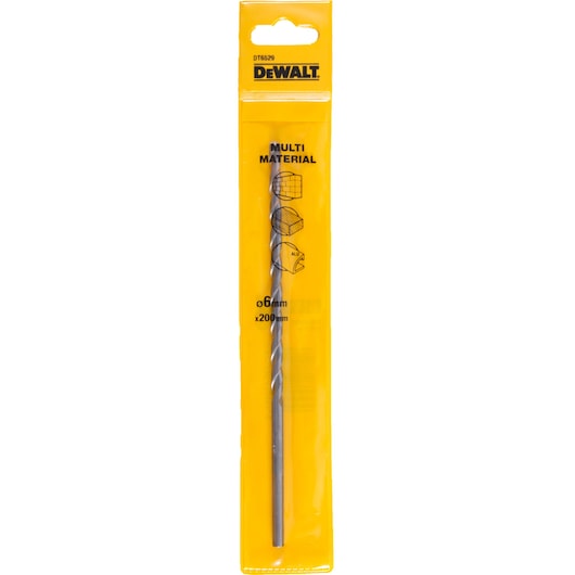 DEWALT DT6529 multi-material drill bit in yellow retail packaging, 6mm diameter and 200mm length, suitable for various materials.