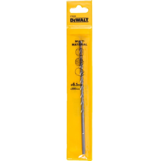 DEWALT DT6530 multi-material drill bit, 6.5mm x 200mm, in yellow retail packaging.