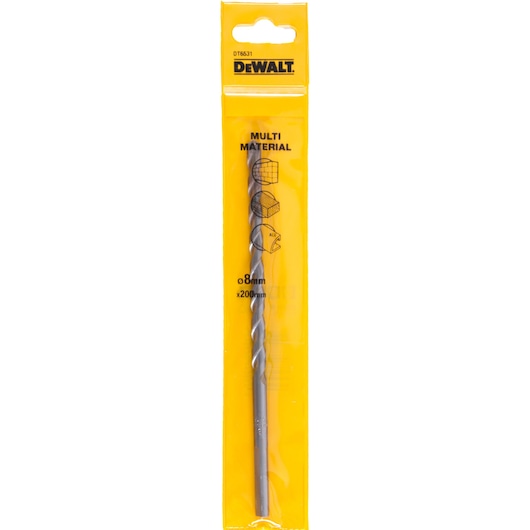 DEWALT DT6531 multi-material drill bit in yellow packaging, 8mm diameter, 200mm length.