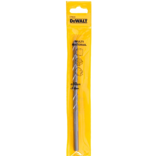 A DEWALT DT6533 multi-material drill bit, 10mm x 200mm, packaged in a yellow plastic sleeve with DEWALT branding.