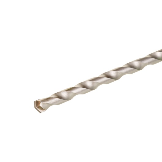 Close-up view of a single metal masonry drill bit with a spiral fluted design and a flat chisel tip on a white background.