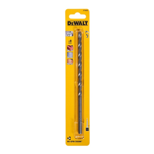 A DEWALT DT6608 8mm masonry drill bit in yellow retail packaging, featuring illustrations for use on brick, stone, and concrete surfaces.