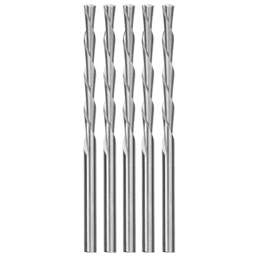 Five silver metallic drill bits arranged vertically side by side on a white background.