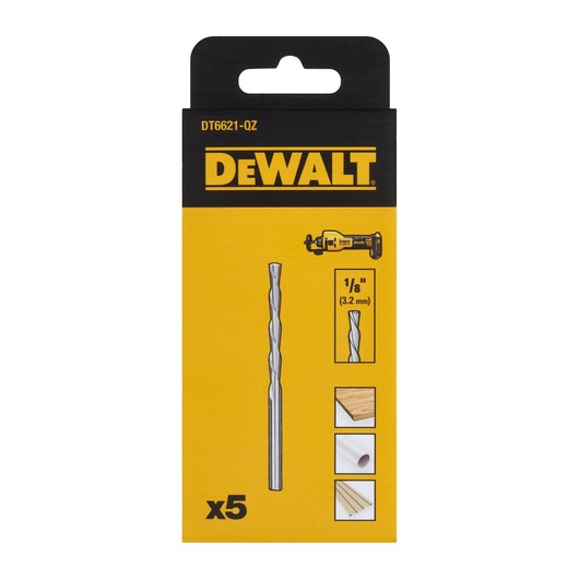 Packaging of DEWALT DT6621 drill bits, showing five 1/8 inch (3.2 mm) bits suitable for wood, plastic, and drywall. The packaging is mainly yellow and black with product illustrations.