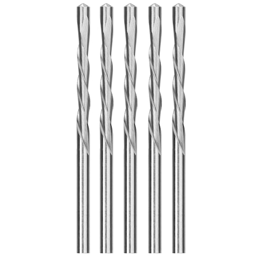 Five silver metallic drill bits are standing upright in a row on a plain white background.