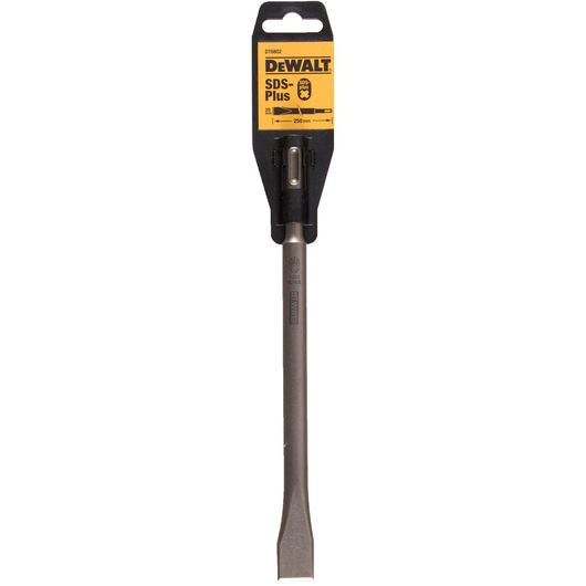A DEWALT SDS-Plus chisel bit, model DT6802, shown in its packaging. The chisel is long and metallic with a flat tip, and the packaging displays specifications including 20mm width and 250mm length.