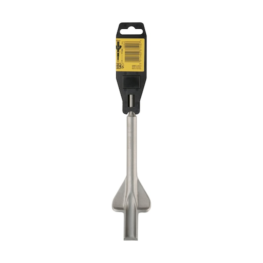 A DEWALT steel chisel tool with a flat blade and a plastic holder featuring a yellow label and barcode, shown against a white background.