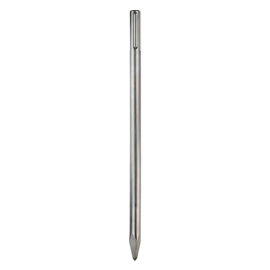 A single metal chisel bit with a pointed tip and SDS connection, photographed upright against a plain white background.