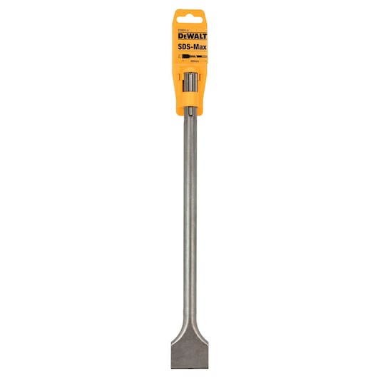 A DEWALT SDS-Max chisel with a flat spade tip, metal shaft, and yellow packaging on the top, product code DT6824.