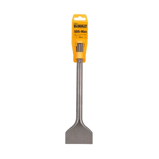 A DEWALT SDS-Max wide chisel with a flat, wide blade and a metal shaft, shown with its yellow packaging. The label displays the brand, model number DT6834, and specifications.