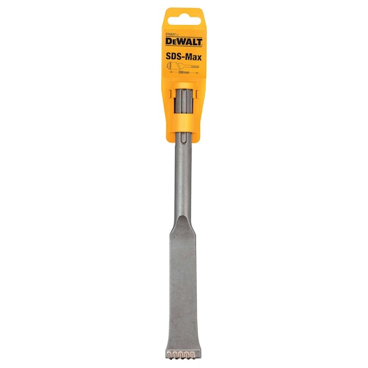 DEWALT SDS-Max chisel DT6837, flat metal blade with serrated edge and yellow packaging, 250mm length.
