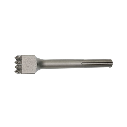 A DEWALT masonry hammer tool bit with a toothed chisel head, designed for use with SDS drills, displayed against a white background.
