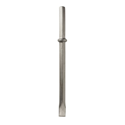 A single metal chisel bit with a flat, wide tip and hexagonal shaft, designed for use with power tools.
