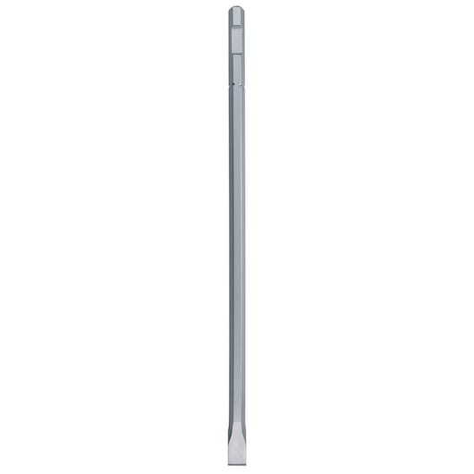 A long, straight metal chisel bit for use with demolition hammers, featuring a flat tip and hexagonal shank.