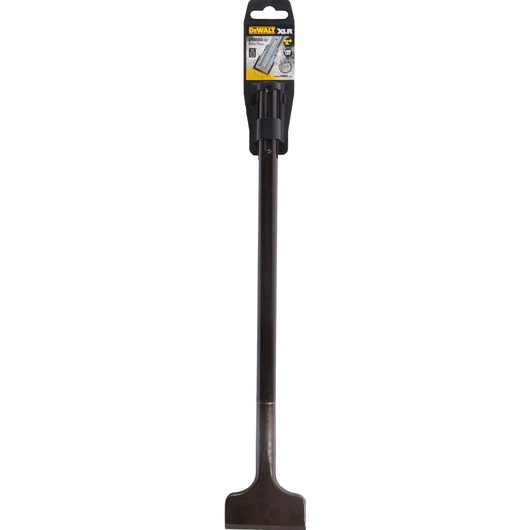 A DEWALT DT6980 XLR wide chisel with a long metal shaft and a flat blade, used for demolition or material removal, shown in its original packaging.