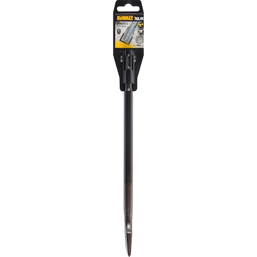 DEWALT DT6984 pointed chisel with SDS Max shank, displayed in original packaging. The tool is used for breaking or chipping hard materials like concrete.