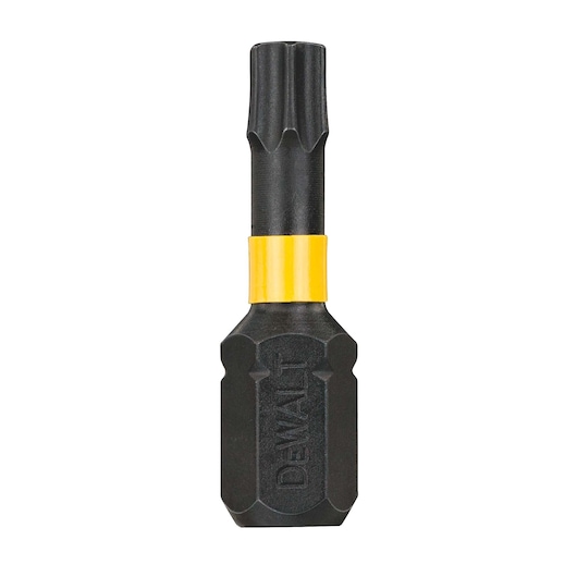 DEWALT black screwdriver bit with yellow ring, suitable for power tools, shown against a white background.