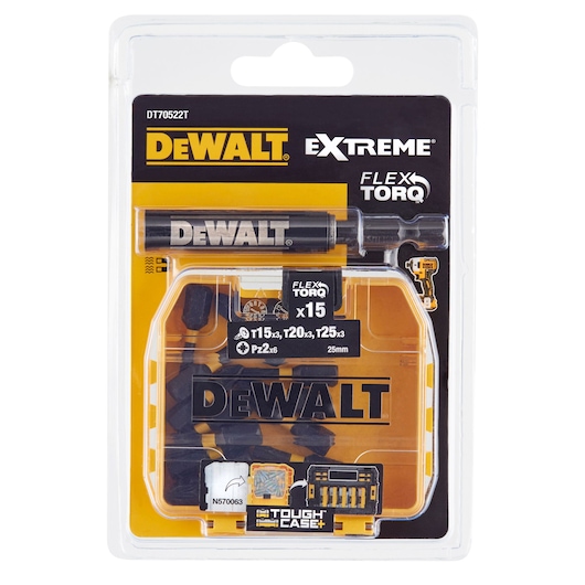 DEWALT Extreme FlexTorq screwdriving bit set in branded plastic packaging, containing multiple bits and a holder.