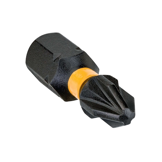 DEWALT black screw extractor bit with hex base and yellow ring for removing damaged screws.