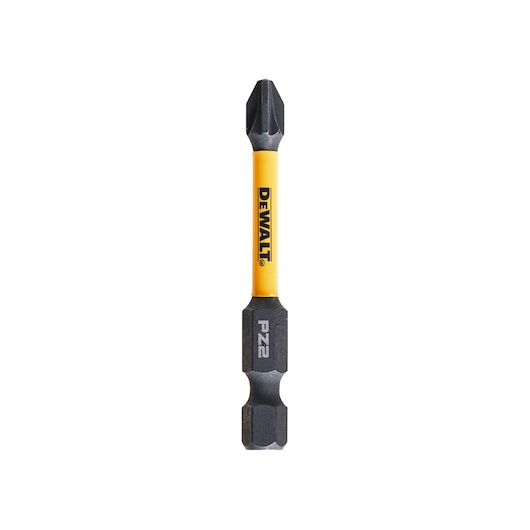 A DEWALT branded double-ended screwdriver bit with a yellow center and black ends. The bit has 'PZ2' written on one end.