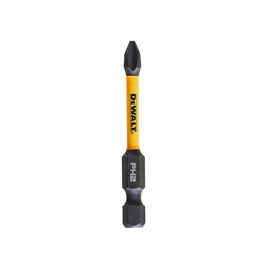 DEWALT PH2 screwdriver bit with a yellow shaft and black ends, shown upright against a white background.