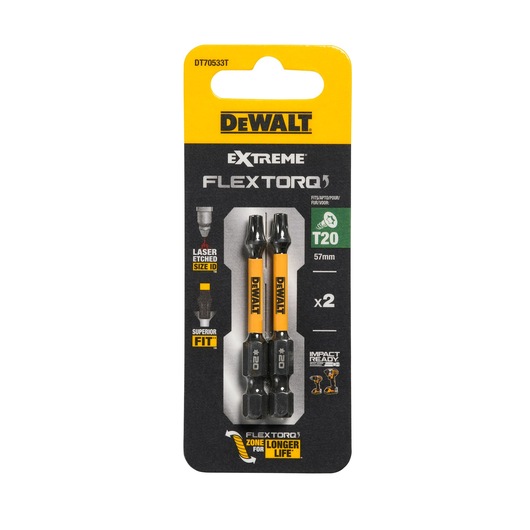 DEWALT DT70533T Extreme FLEXTORQ T20 57mm impact-ready screwdriver bits, pack of two, shown in retail packaging with yellow and black branding.