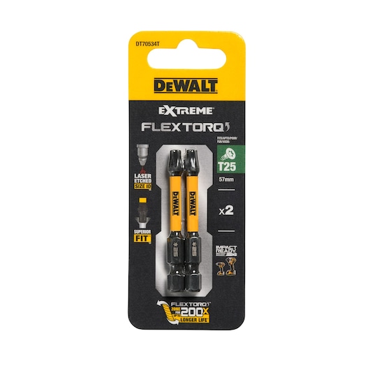 DEWALT FLEXTORQ T25 57mm impact screwdriver bits, pack of 2. Yellow and black packaging.
