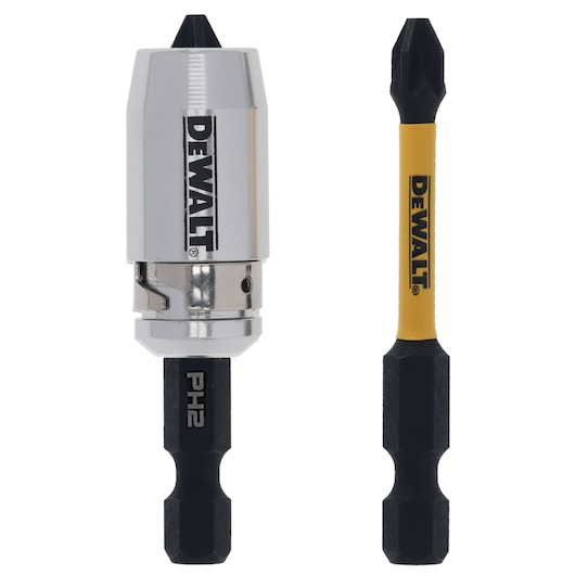DEWALT screwdriver bit holder and a DEWALT PH2 screwdriver bit, both with hex shank designs, shown against a white background.