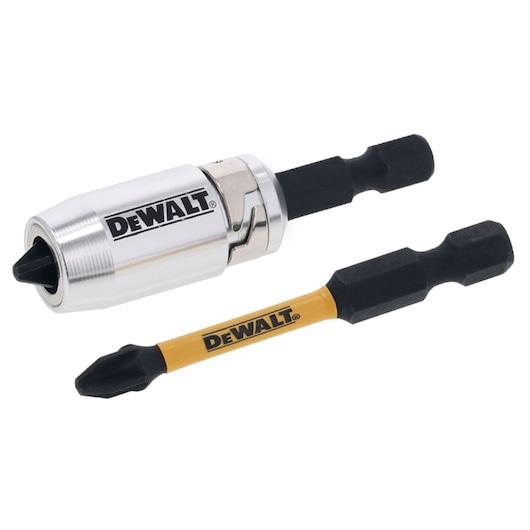 DEWALT branded screwdriver bit set, featuring a silver-colored magnetic bit holder and a yellow and black screwdriver bit, both with hex shanks.