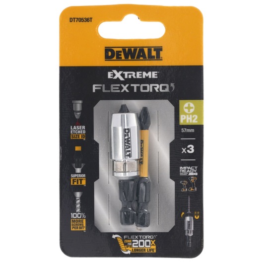 Packaged DEWALT Extreme FlexTorq PH2 screwdriver bits, set of three, 57mm length. Packaging is black and yellow, shows product features including laser-etched size ID, superior fit, and impact ready. Model number DT70536T is visible.