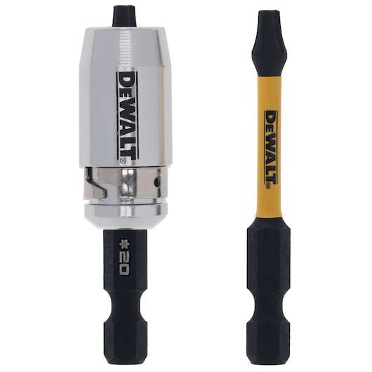 DEWALT DT70537T drill bit set, shown with a magnetic bit holder on the left and a T20 screwdriver bit on the right, both featuring the DEWALT logo.