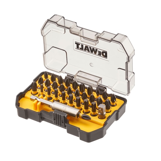 A DEWALT branded set of various screwdriver bits in a yellow and black case with a transparent lid. The case contains multiple bits organized neatly, along with an attachment tool.