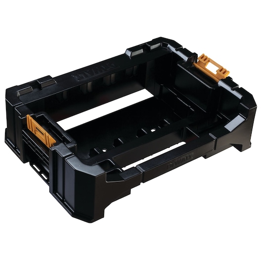 A black DEWALT plastic tool case insert tray with yellow latches, designed for organizing and storing small tools or accessories.