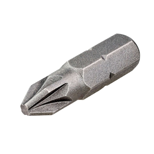Single DEWALT cross-head screwdriver bit, metallic color, isolated on white background.