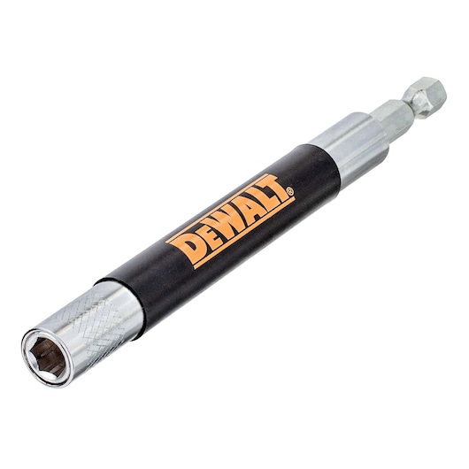 DEWALT magnetic bit holder with black and silver finish for screwdriver bits, shown isolated on a white background.