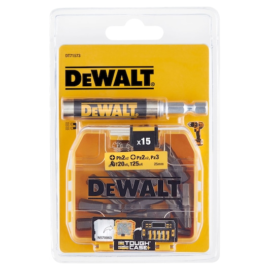 DEWALT DT71573 tough case with assorted screwdriver bits and one bit holder in blister packaging.